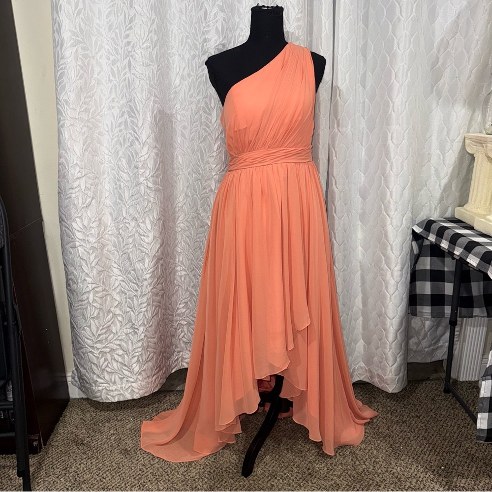 Azazie Coral One Shoulder High Low Formal Dress Bridesmaid Prom Size 6 NWT glam